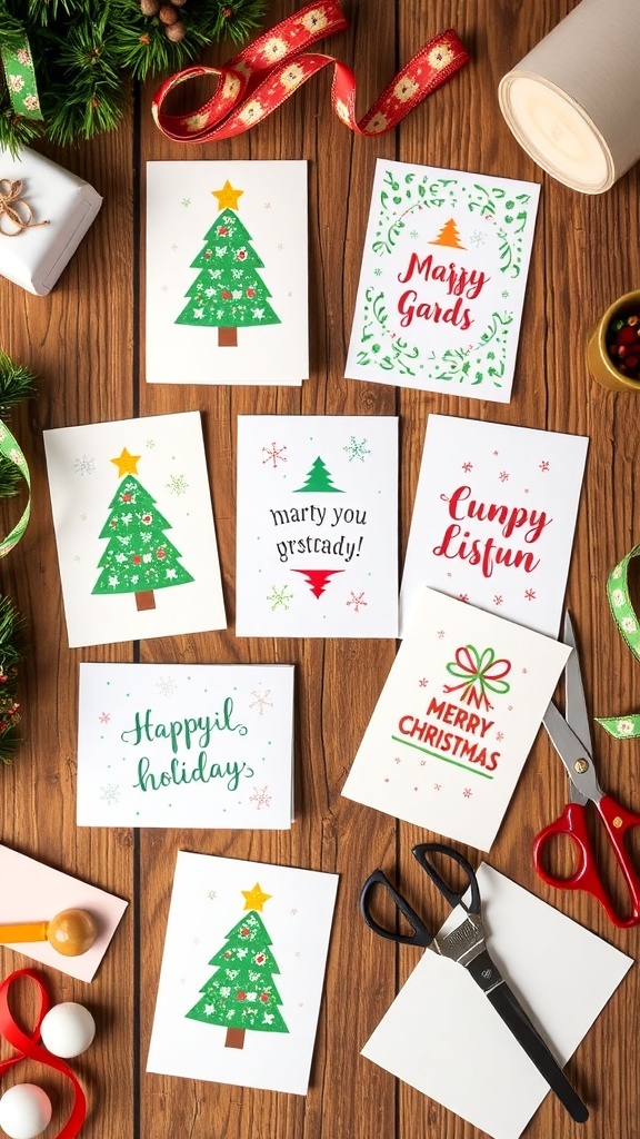 A variety of handmade Christmas cards with festive designs on a wooden table surrounded by craft supplies.